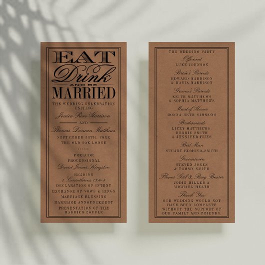 Eet, Drink en wees getrouwd Rustic Kraft Wedding Programmakaart