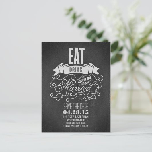 Eet Drink en wees getrouwd Save the Date briefkaar Aankondigingskaart (Staand voorkant)