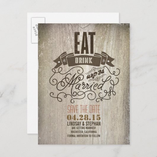Eet Drink en wees getrouwd Save the Date briefkaar Aankondigingskaart (Voorkant / Achterkant)