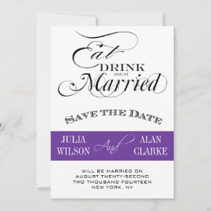 Eet, Drink en Wees Getrouwd Save the Date Paars Kaart