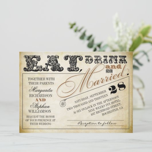 Eet drink en wees getrouwd typografie bruiloft uit kaart (Staand voorkant)