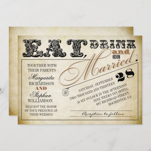 Eet drink en wees getrouwd typografie bruiloft uit kaart (Voorkant / Achterkant)