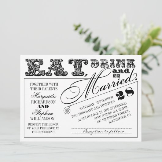 Eet drink en wees getrouwd typografie bruiloft uit kaart (Staand voorkant)