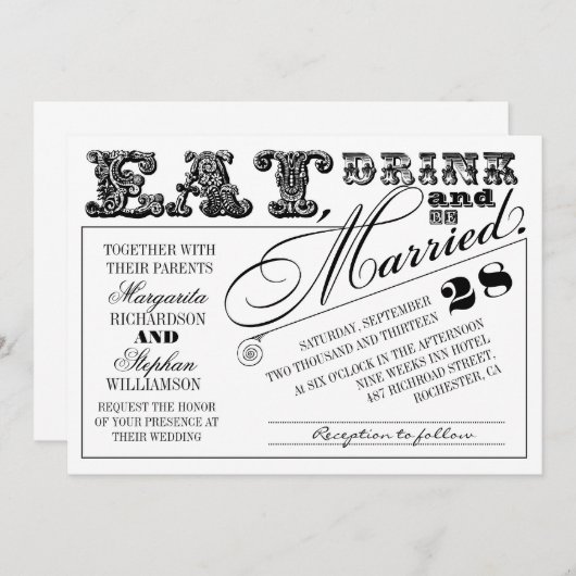 Eet drink en wees getrouwd typografie bruiloft uit kaart (Voorkant / Achterkant)