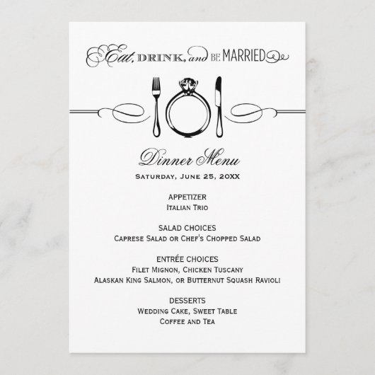 Eet Drink en wees getrouwd zwart bruiloft diner Menu (Voorkant)