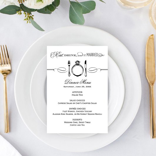 Eet, drink en wees getrouwd Zwarte huwelijksdiner Menu
