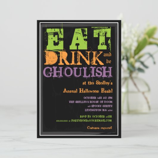 Eet, Drink en wees glanzend! Halloween Party Kaart (Staand voorkant)