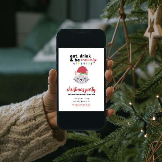 Eet Drink en wees Meowy Cartoon Santa Cat Party Kaart