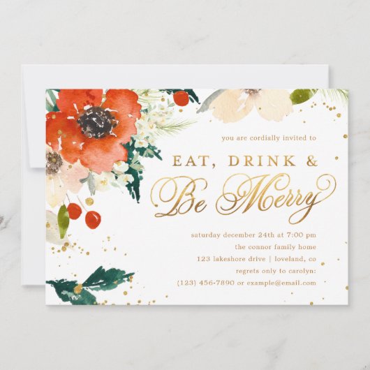 Eet, Drink en wees Merry Floral Holiday Party Kaart (Voorkant)