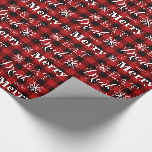 Eet Drink en wees Merry rood-zwart geruite patroon Cadeaupapier (Hoek)