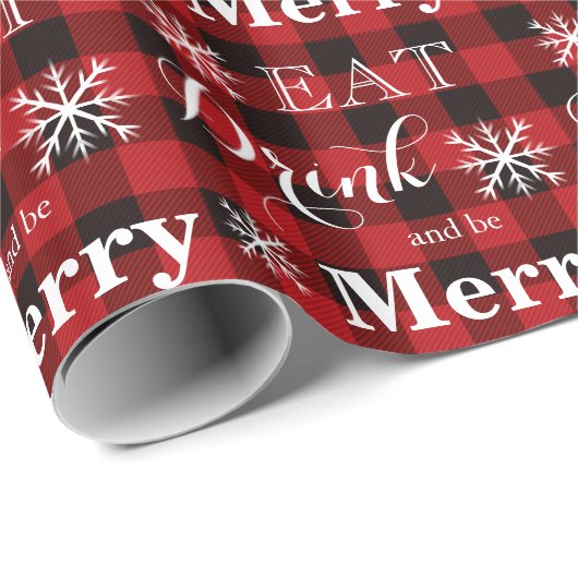 Eet Drink en wees Merry rood-zwart geruite patroon Cadeaupapier (Rol Hoek)
