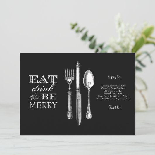 Eet, Drink en wees Merry | Uitnodiging op zwart (Staand voorkant)