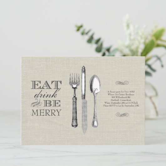 Eet, Drink en wees Merry | Uitnodiging voor Linen (Staand voorkant)