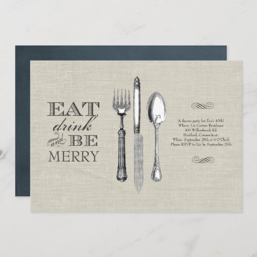 Eet, Drink en wees Merry | Uitnodiging voor Linen (Voorkant / Achterkant)