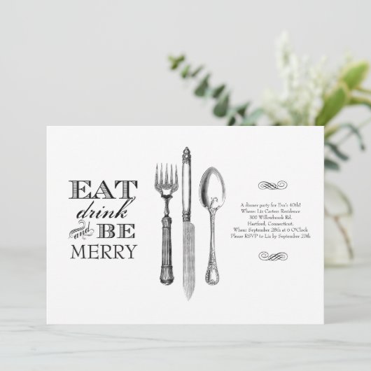 Eet, Drink en wees Merry | Uitnodiging voor wit (Staand voorkant)