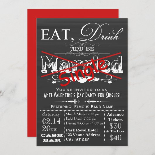 Eet, Drink en wees Single Chalkboard Singles Party Kaart (Voorkant / Achterkant)