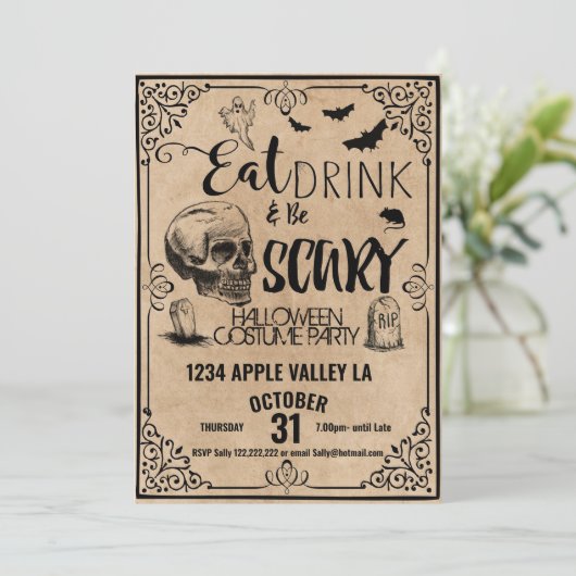 Eet drink en wees spookachtig Halloween feest Kaart (Staand voorkant)