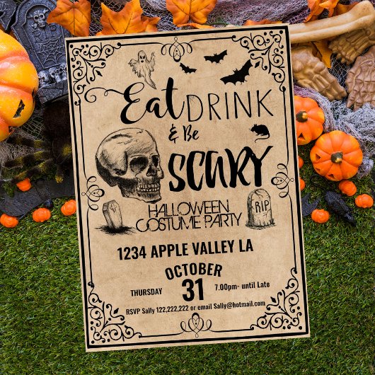 eet drink en wees spooky halloweenfeest kaart