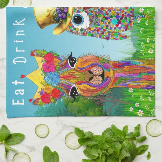 Eet Drink en wees vrolijk dierenassortiment Theedoek (Gevouwen)