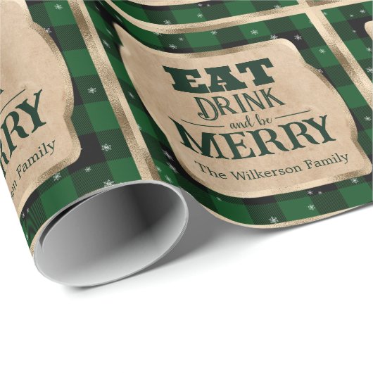 Eet Drink en wees vrolijk groen geruite kerst Cadeaupapier (Rol Hoek)