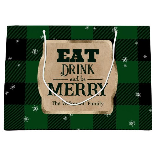 Eet Drink en wees vrolijk groen geruite kerst Groot Cadeauzakje (Voorkant)
