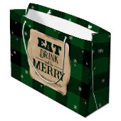 Eet Drink en wees vrolijk groen geruite kerst Groot Cadeauzakje (Achterkant Gekanteld)