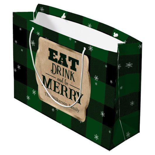 Eet Drink en wees vrolijk groen geruite kerst Groot Cadeauzakje (Achterkant Gekanteld)