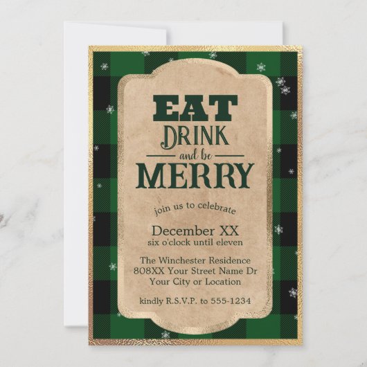 Eet Drink en wees vrolijk groen geruite kerst Kaart (Voorkant)