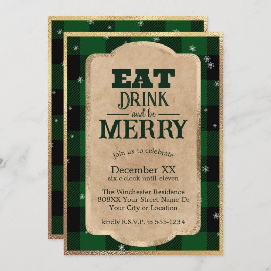 Eet Drink en wees vrolijk groen geruite kerst Kaart (Voorkant / Achterkant)
