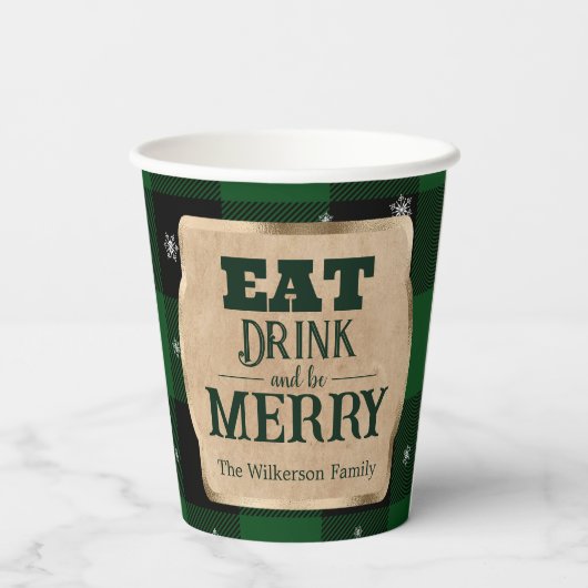 Eet Drink en wees vrolijk groen geruite kerst Papieren Bekers (Achterkant)