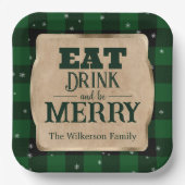 Eet Drink en wees vrolijk groen geruite kerst Papieren Bordje (Voorkant)