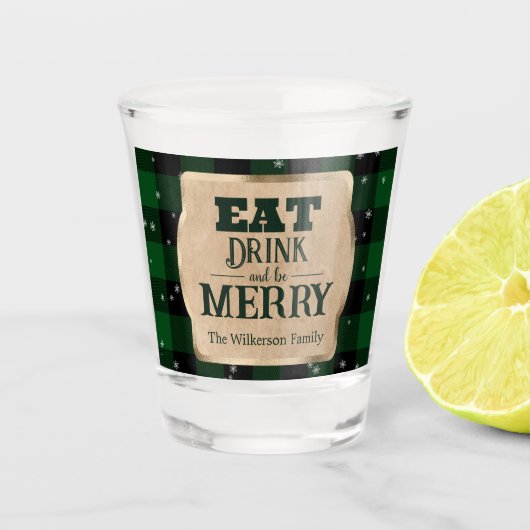 Eet Drink en wees vrolijk groen geruite kerst Shot Glas (Voorkant)