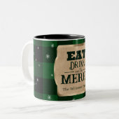 Eet Drink en wees vrolijk groen geruite kerst Tweekleurige Koffiemok (Voorkant links)