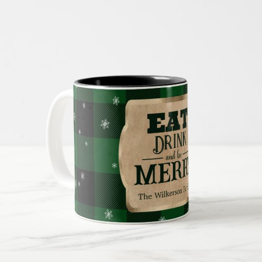 Eet Drink en wees vrolijk groen geruite kerst Tweekleurige Koffiemok (Voorkant links)