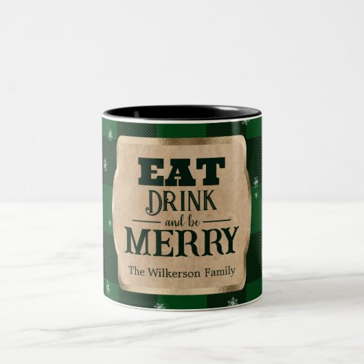 Eet Drink en wees vrolijk groen geruite kerst Tweekleurige Koffiemok (Center)