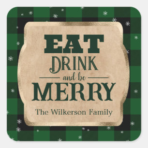 Eet Drink en wees vrolijk groen geruite kerst Vierkante Sticker