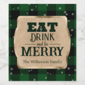 Eet Drink en wees vrolijk groen geruite kerst Wijn Etiket (Enkel label)