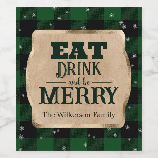 Eet Drink en wees vrolijk groen geruite kerst Wijn Etiket (Enkel label)