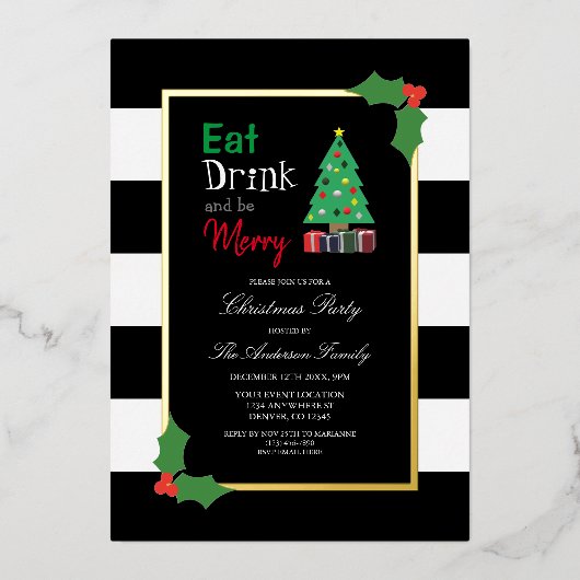 Eet Drink en wees vrolijk kerstfeest Folie Uitnodiging (Voorkant)