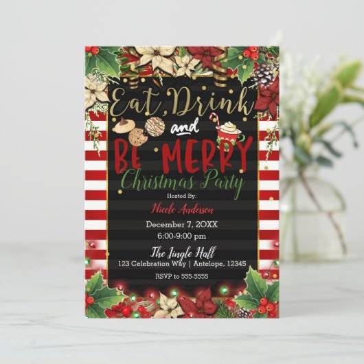 Eet, drink en wees vrolijk kerstfeest kaart (Staand voorkant)