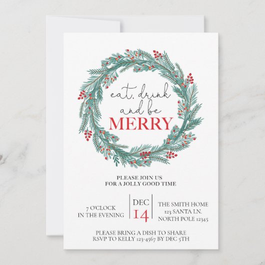 Eet, Drink en wees vrolijk kerstfeest Potluck Feestdagenkaart (Voorkant)