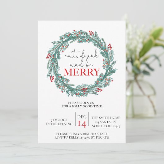 Eet, Drink en wees vrolijk kerstfeest Potluck Feestdagenkaart (Staand voorkant)