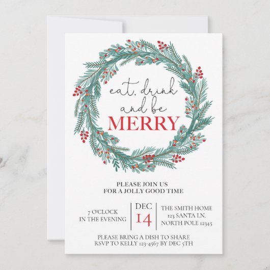 Eet, Drink en wees vrolijk kerstfeest Potluck Kaart (Voorkant)