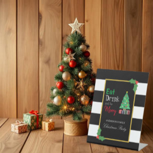 Eet, drink en wees vrolijk kerstfeest reclamebord met voetstuk