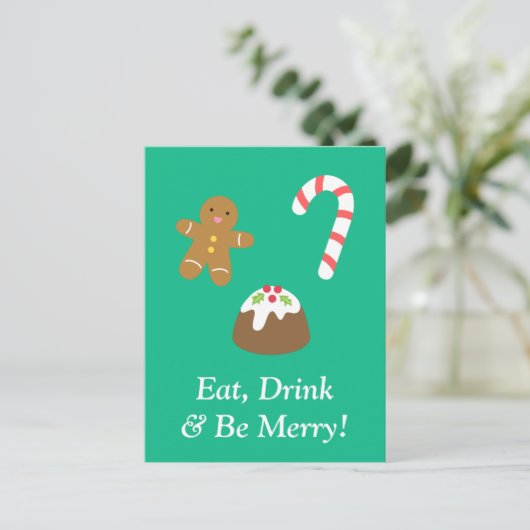 Eet Drink en wees vrolijk met kerst goodies Feestdagenkaart (Staand voorkant)