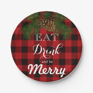 Eet, drink en wees vrolijk, rode tartan ruit, pijn papieren bordje
