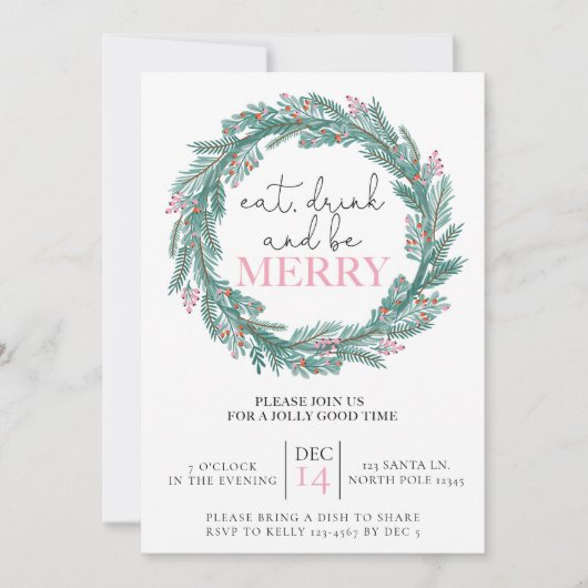 Eet, Drink en wees vrolijk roze kerstkrans Kaart (Voorkant)