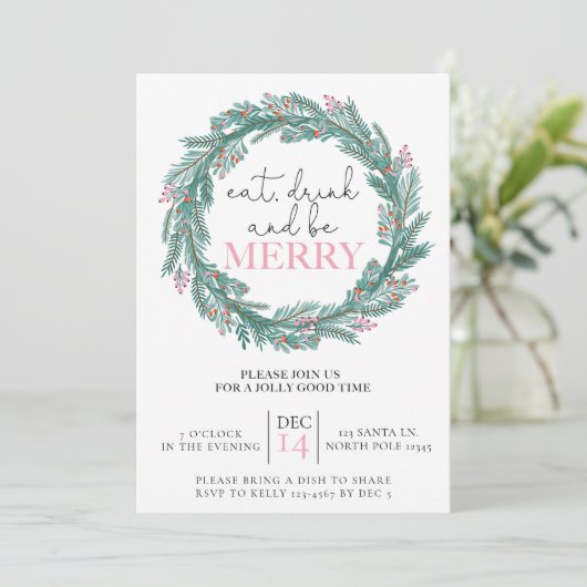 Eet, Drink en wees vrolijk roze kerstkrans Kaart (Staand voorkant)