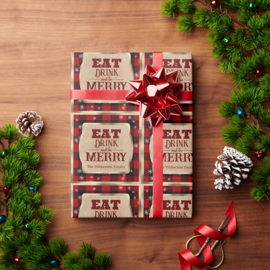 Eet, drink en wees vrolijk Rustic rood geruit Kers Cadeaupapier (Feestdagen Geschenken)