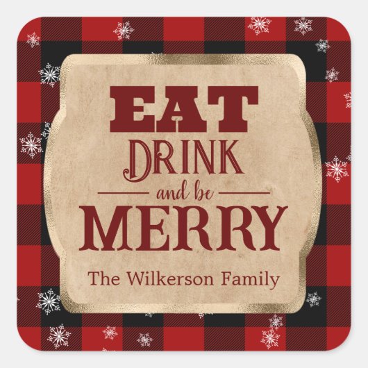 Eet, drink en wees vrolijk Rustic rood geruit Kers Vierkante Sticker (Voorkant)
